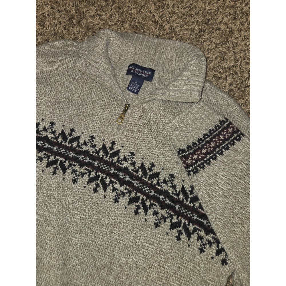Mens Medium 1/4 Zip Winter Sweater Gray Geometric Knit Gorpcore Cabin Pullover